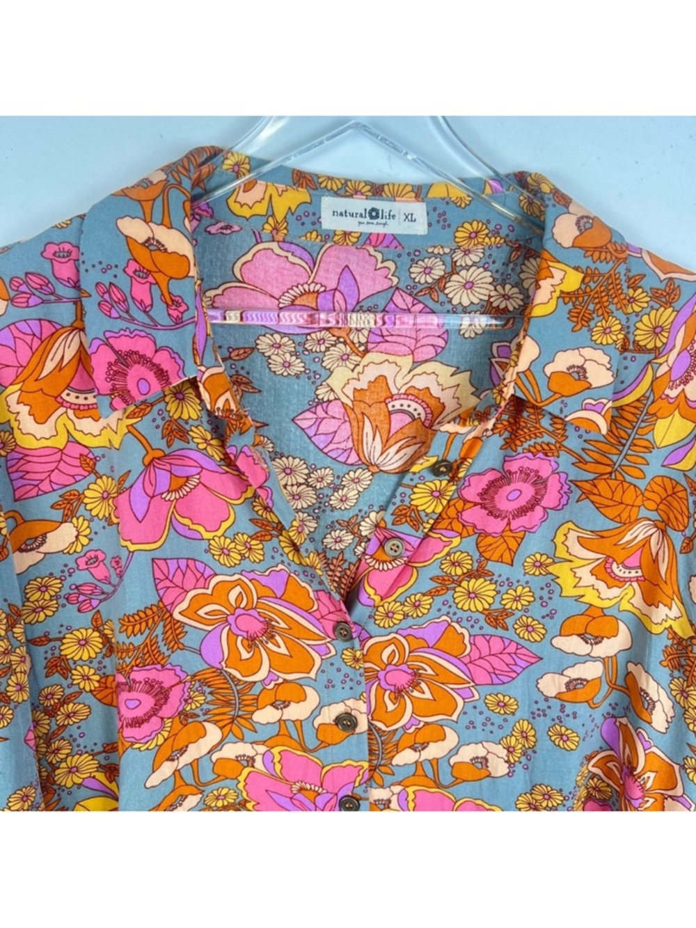 Natural Life Twiggy Vibrant Floral Button-Up Tunic Shirt Dress Pink & Mustard - Picture 11 of 14